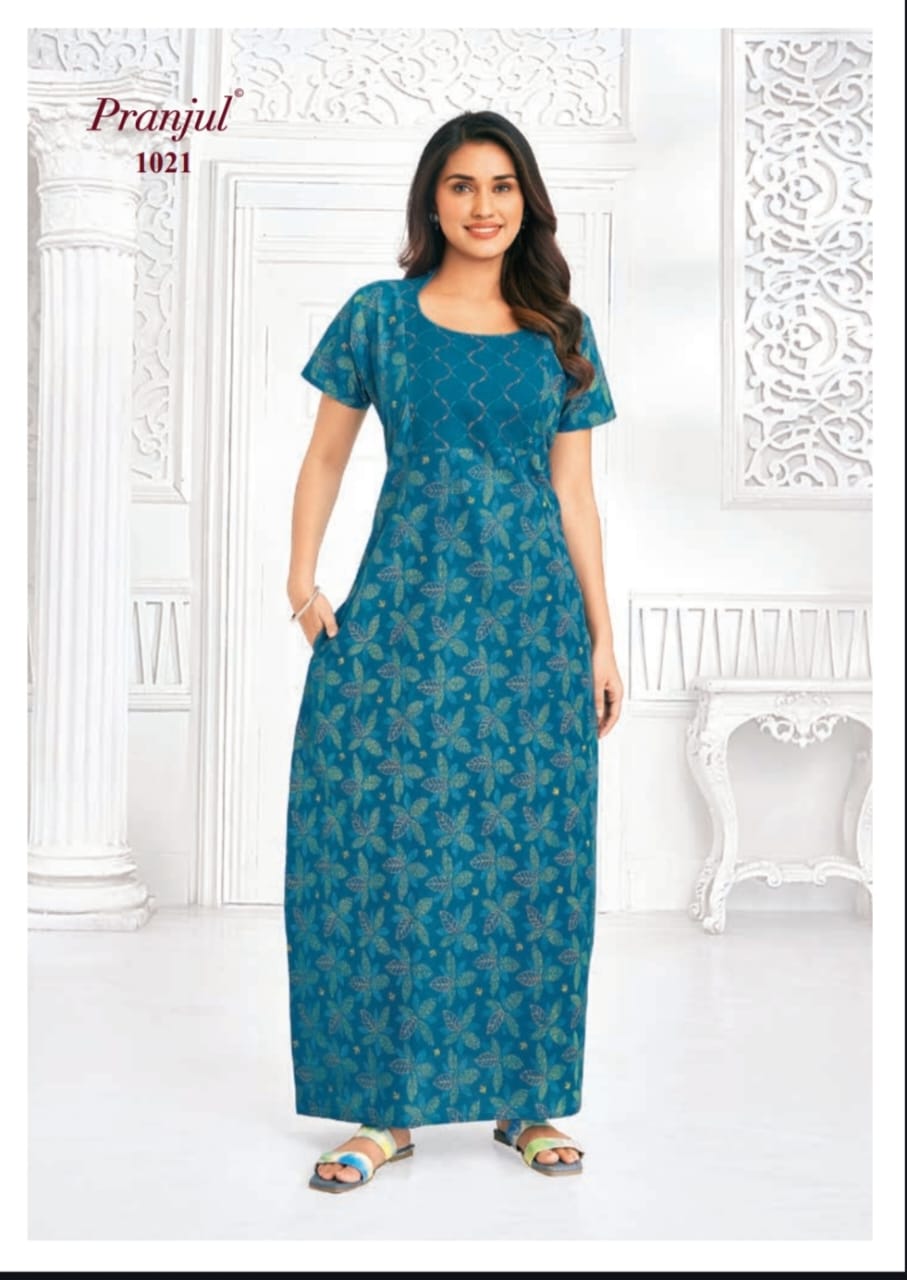 Pranjul 1021 Teal Leaf Motif Nighty